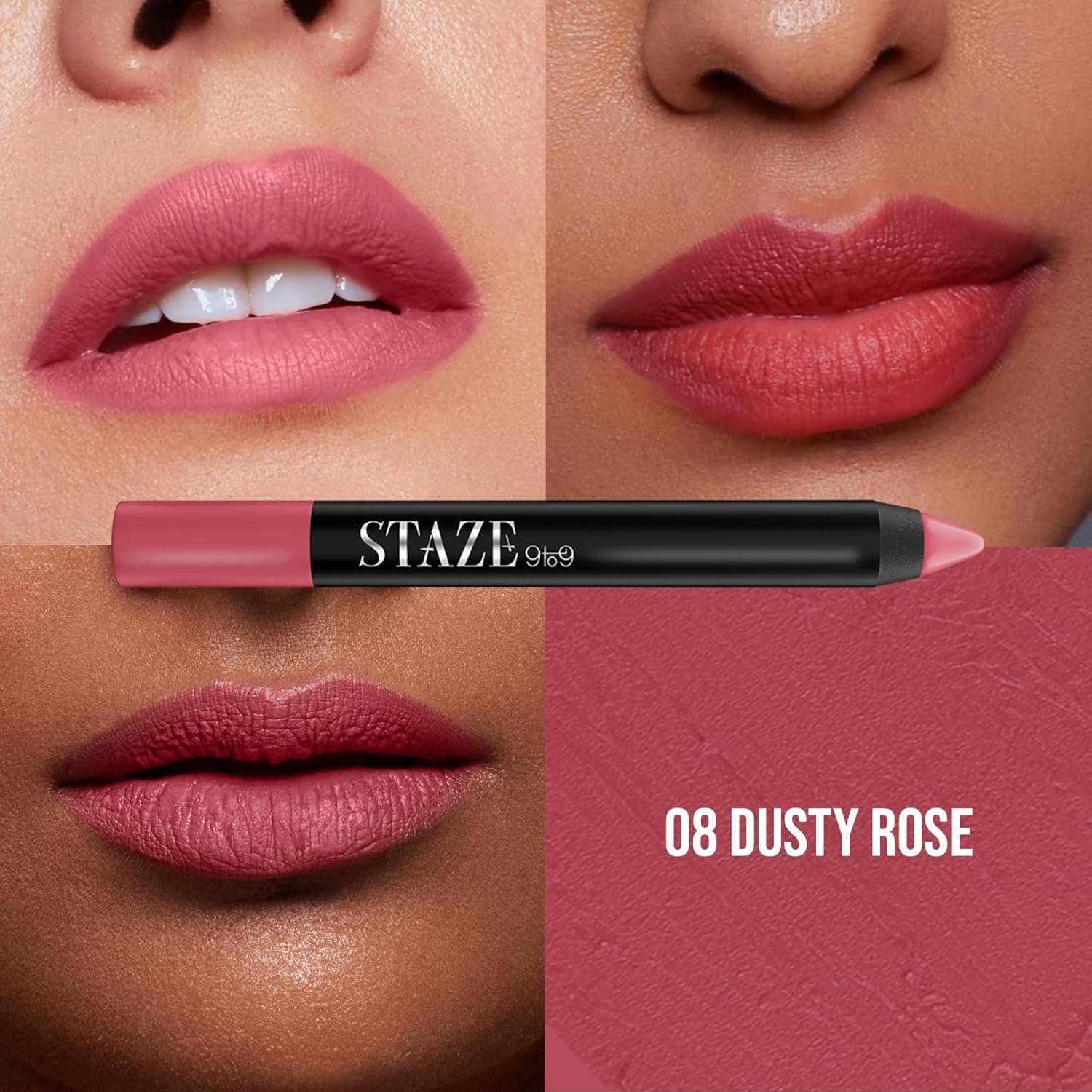 Staze Pout On Lip Crayon Lipstick High Pigment Matte Finish Long-Lasting & Waterproof With Vitamin E & Jojoba Oil Smudgeproof Sharpenable Lip Crayon 08 Dusty Rose 3.5g