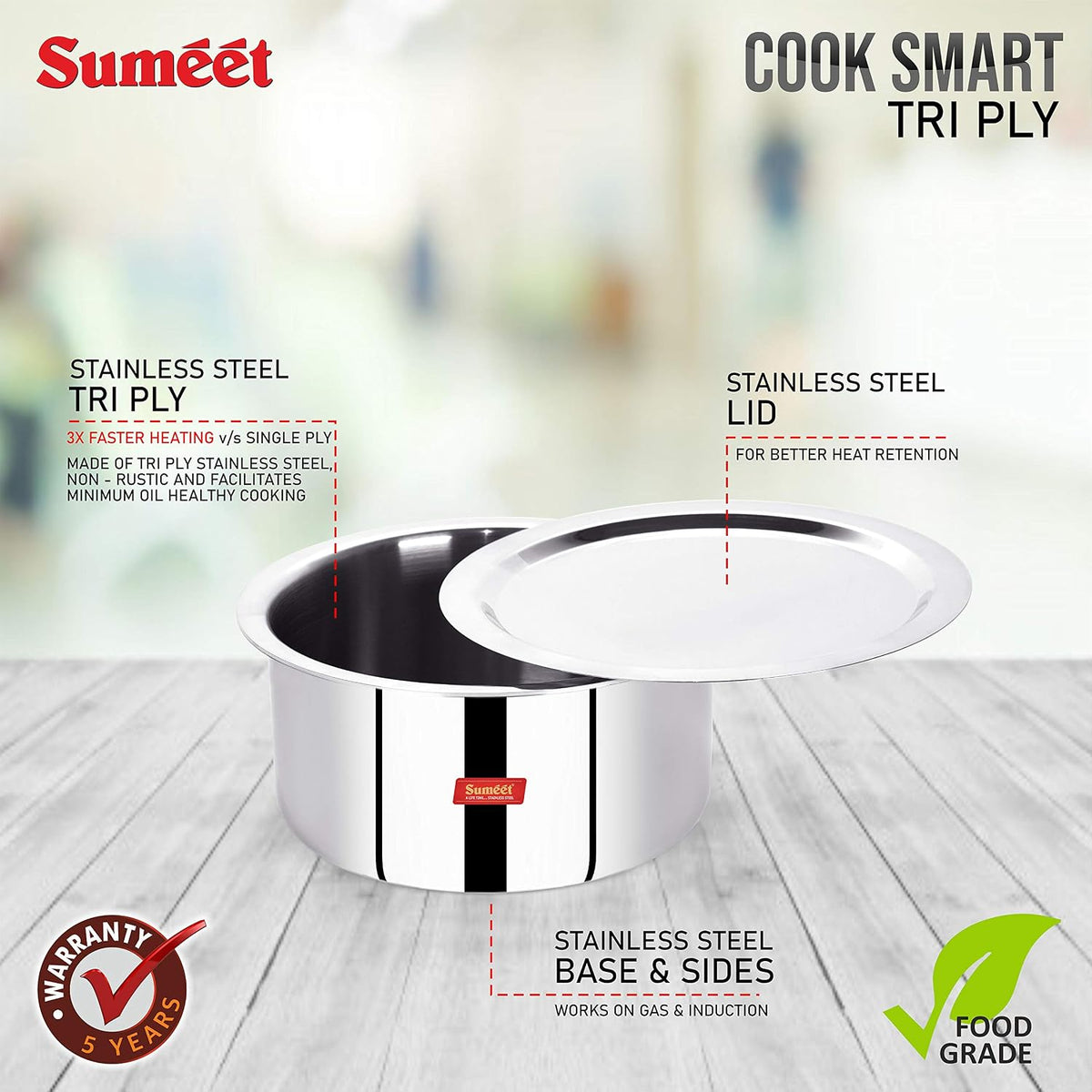 Sumeet Cook Smart TriPly Steel-Aluminium-Steel - 3 Layers Tope with Lid - 2 Liter - 18Cm, Stainless Steel, Silver