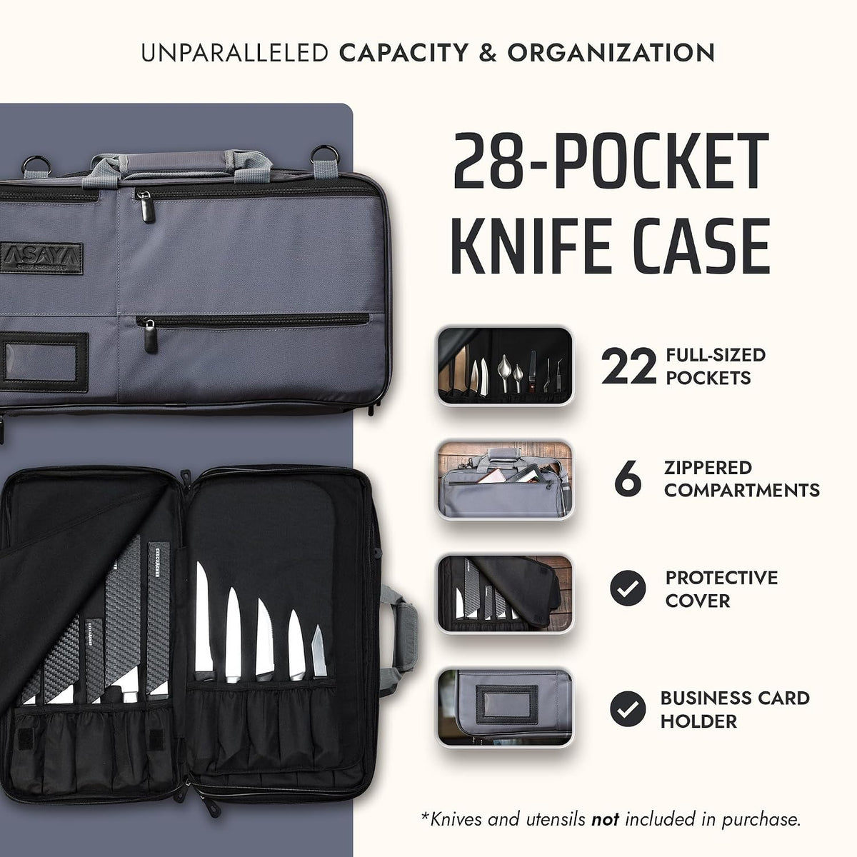 Asaya Chef Knife Bag - 28 Pockets for Knives and Kitchen Utensils - Durable Ballistic Nylon, Black Stainless Steel Hardware, Card Holder and Adjustable Shoulder