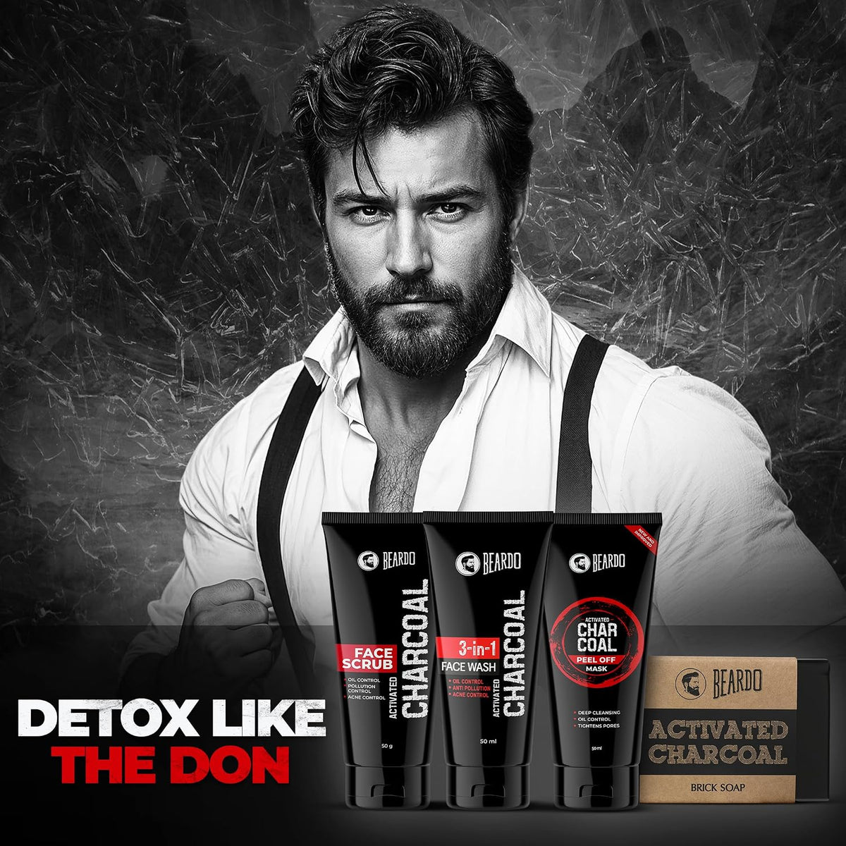 Beardo Charcoal 4-in-1 Giftset for Men | Complete Face & Body kit, pack of 4 (Facewash, Peel-off mask, Scrub, Soap) | Gift For Men | Gift for Husband 1 Count (P
