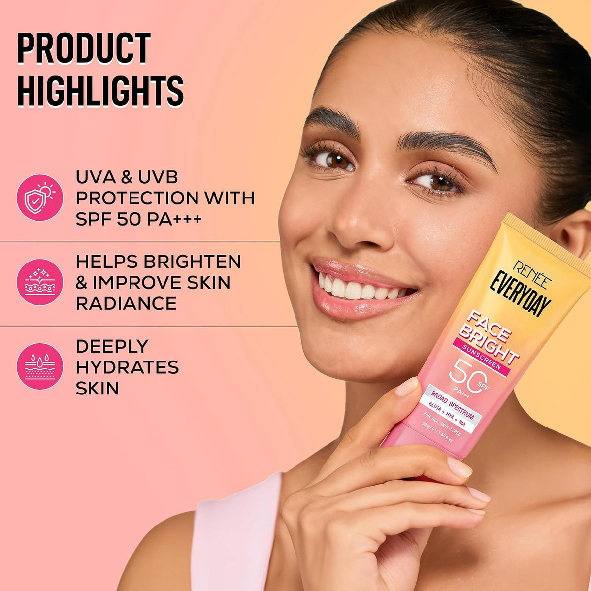 RENEE Everyday Face Bright Brightening Sunscreen SPF 50 PA+++ | In-Vivo Tested | With Niacinamide, Hyaluronic Acid & Glutathione | Broad Spectrum UVA & UVB Prot