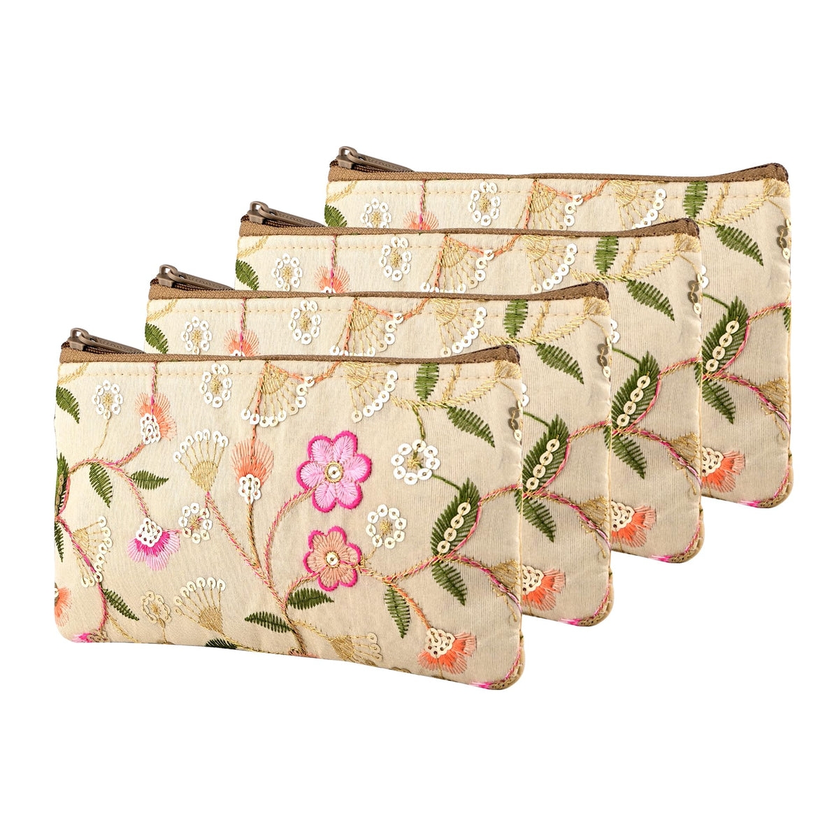 Kuber Industries 4 Pcs Polyester Traditional Hand Purse Ladies with Zip | Embroidery Ethnic Pouch/Wallet Purse for Women | Return Gift for Ladies | New Flower -