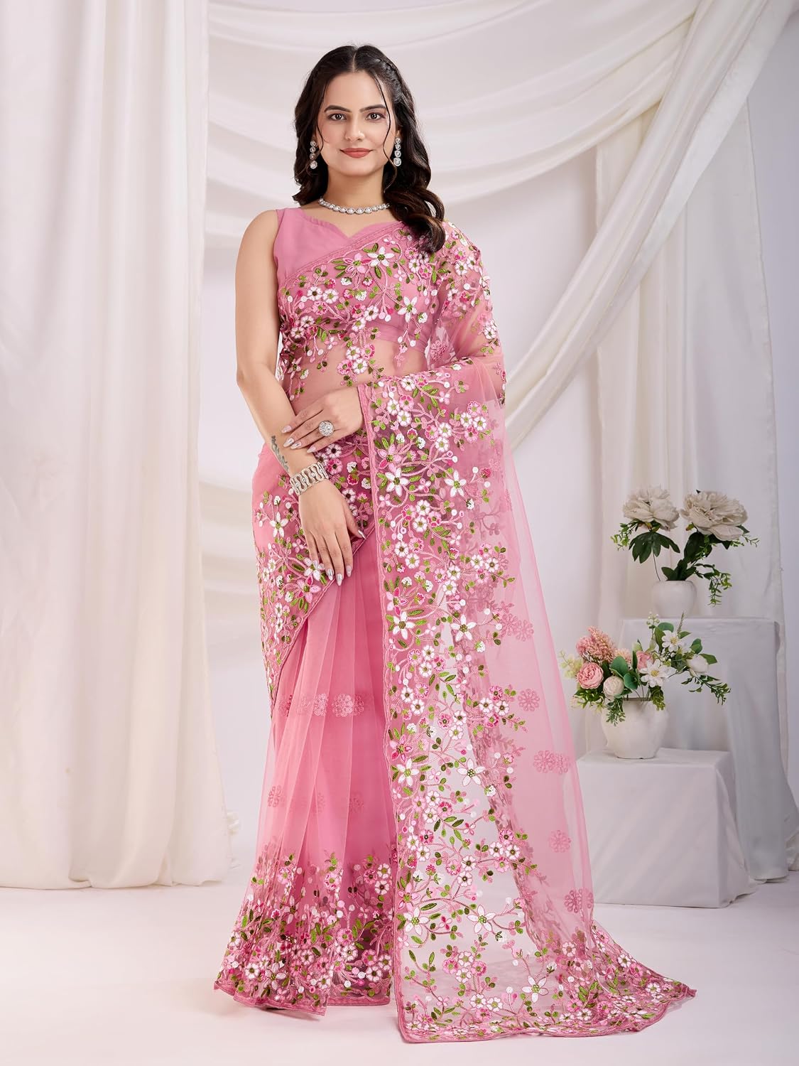 Women Net Pink Floral Pattern Embroidery Work Saree with Unstitched Blouse (E6287_5) - Elegant Design, Intricate Floral Embroidery, Lightweight, Perfect for Wed