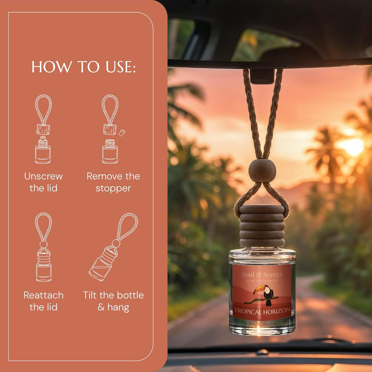 Soul & Scents 16ml Luxury Car Perfumes Raspberry | Tropical Horizon | 2-in-1 Hanging Pod & AC Vent Air Freshener | Premium Wooden Car Fragrance Accessory | Long