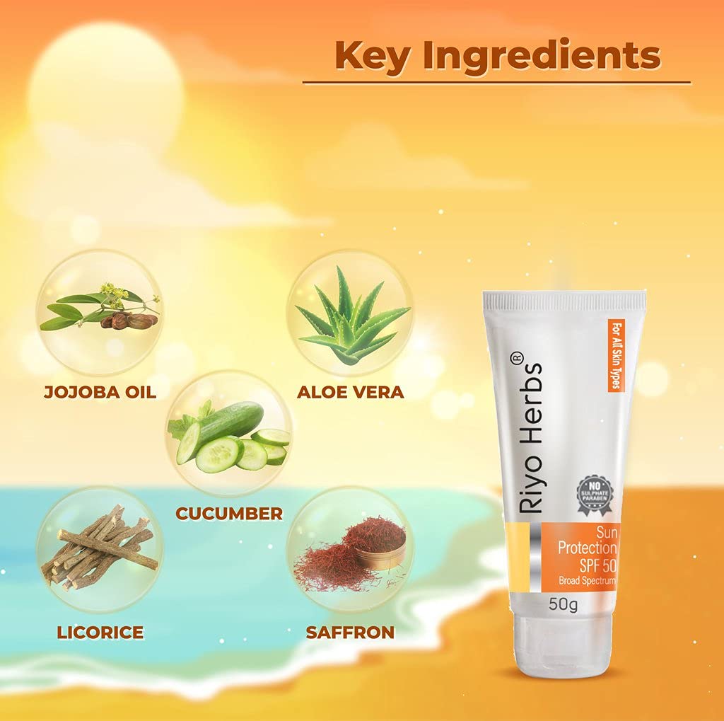 Riyo Herbs Sunscreen SPF50, With Aloe Vera &amp; Saffron for Sun Protection Cream - 50g