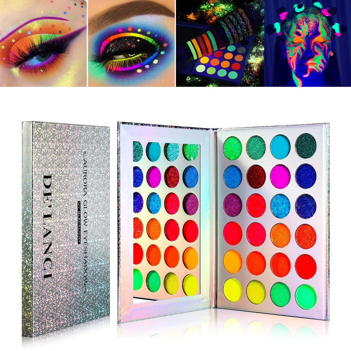 DE'LANCI Neon Eyeshadow Palette Glow in the Dark, Aurora Glow Eyeshadow Pallets Stage, Halloween Christmas Makeup Kit UV Blacklight Matte and Glitter Fluorescen