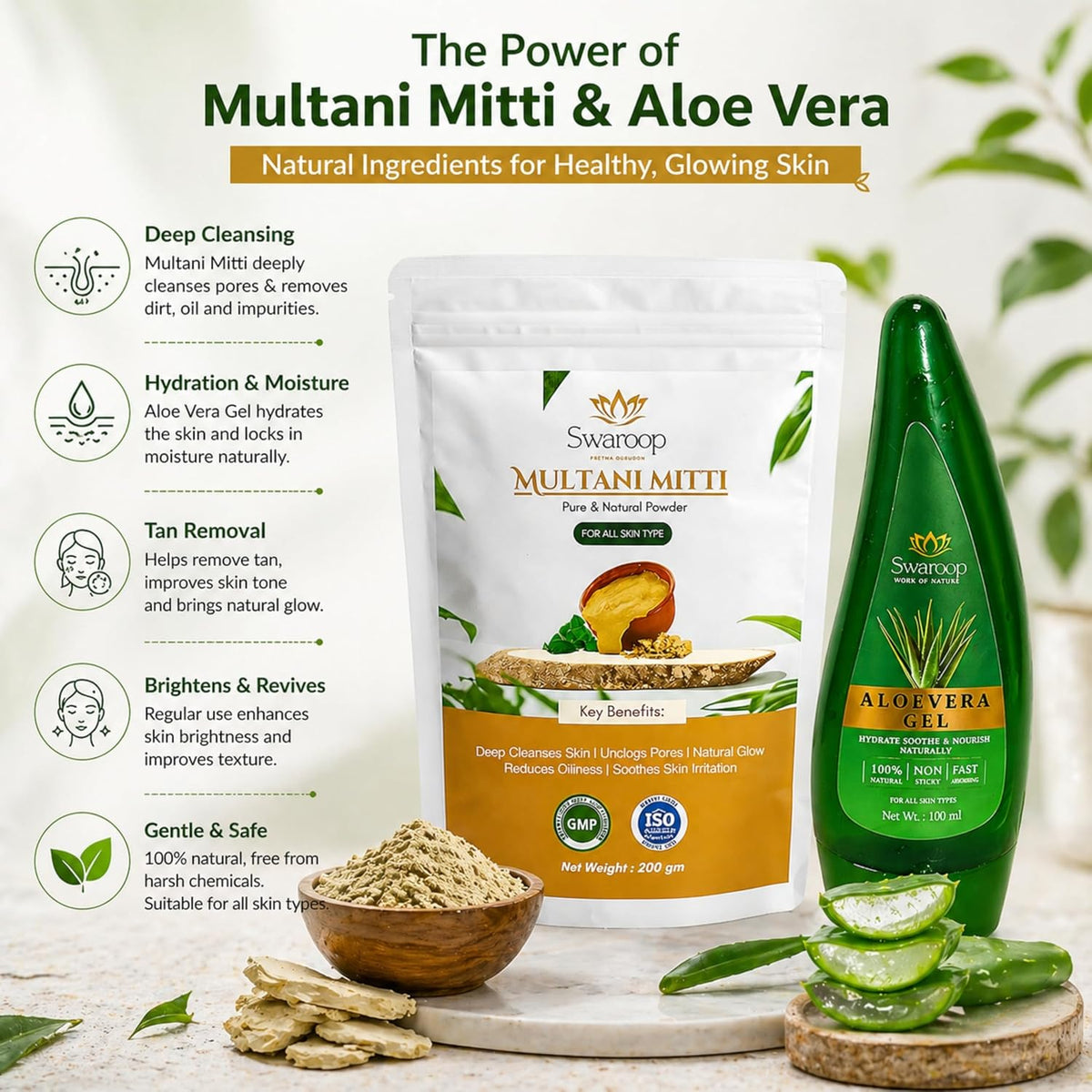 Multani Mitti & Aloe Vera Gel Combo for Skin Care (200g+100ml) | Natural Face Gel, Face Pack Gentle on All Skin for Tan Remover, Moisturizing, Soothing , Cleans