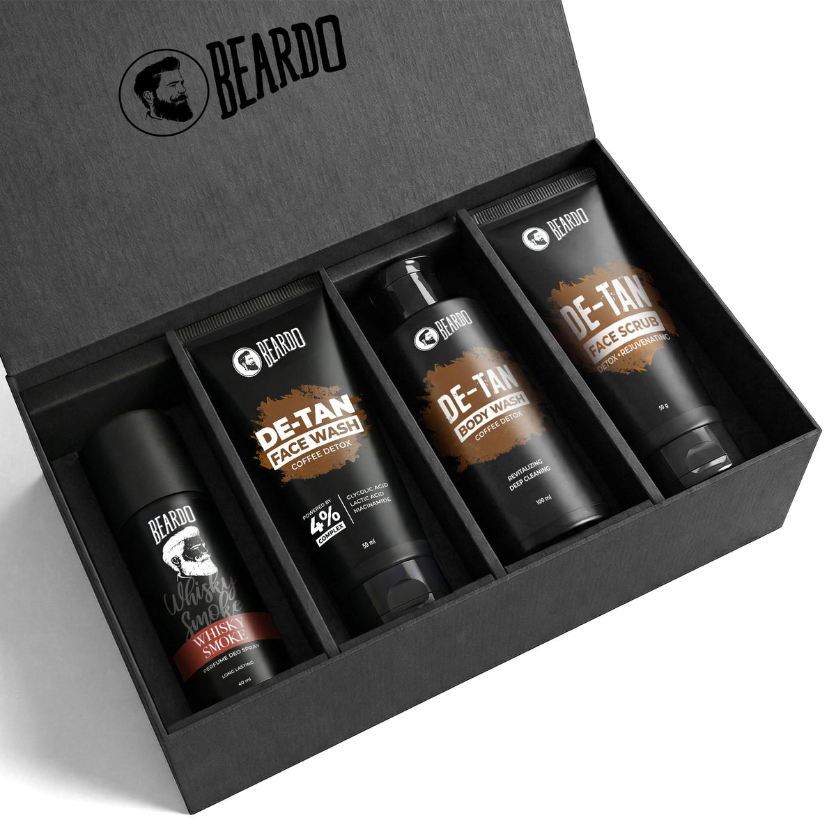 Beardo Ban the Tan Kit | Grooming kit for men | Detan Facewash | Detan Bodywash | Detan Face Scrub | Whisky smoke perfume body spray for men | Rakhi Gift Hamper
