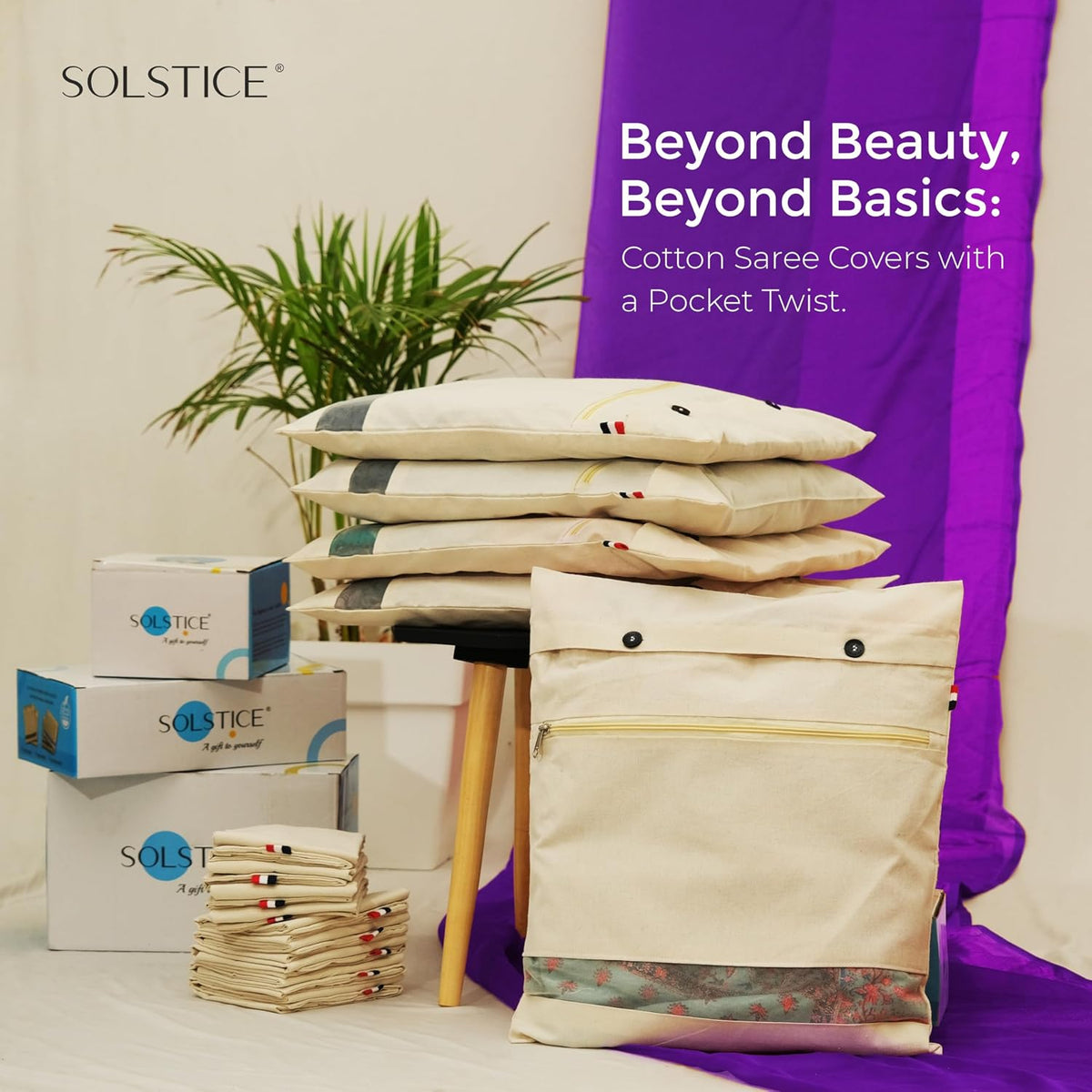 SOLSTICE Cotton Saree Bags/Covers With Zip For Storage - Double Pocket Twist, Big Size (18 X 15 Inches) And Transparent Mesh Window Set Of 8, Beige
