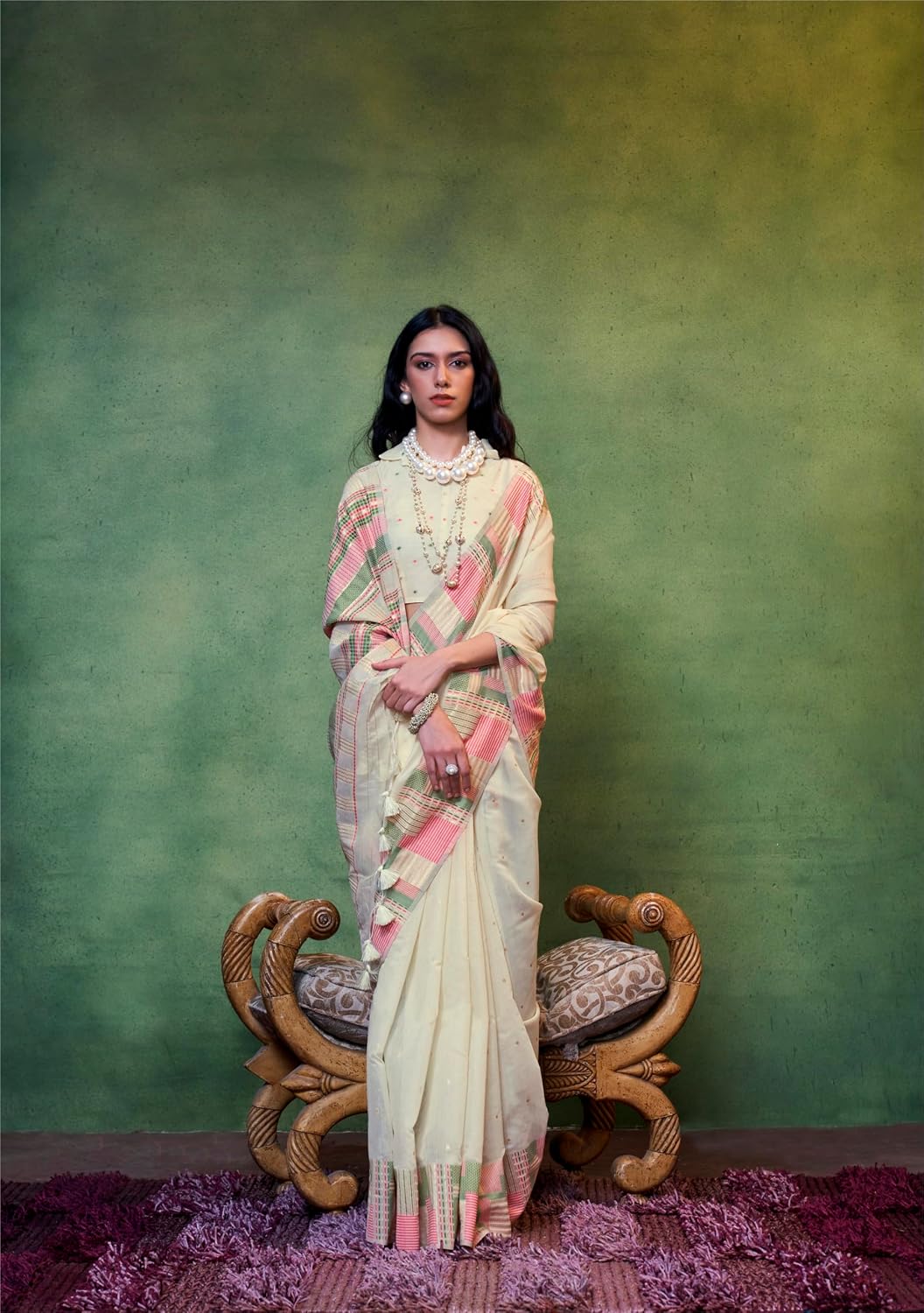SGF11 Women's Kanjivaram Soft Cotton Linen Silk Sarees With Unstitched Blouse Piece 6.3metres (Cream)