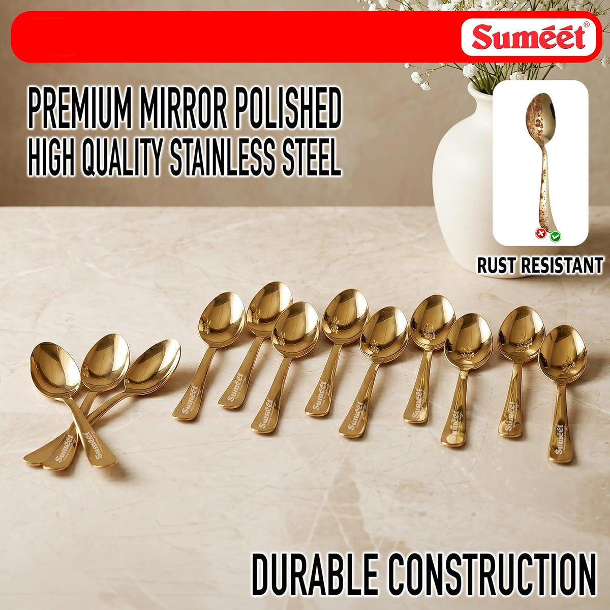 Sumeet Stainless Steel Golden Baby/Meduim Premium Spoon Set of 12 Pc – (15.5cm L) (1.6mm Thick) GOLD 15.5cm - 12Pc