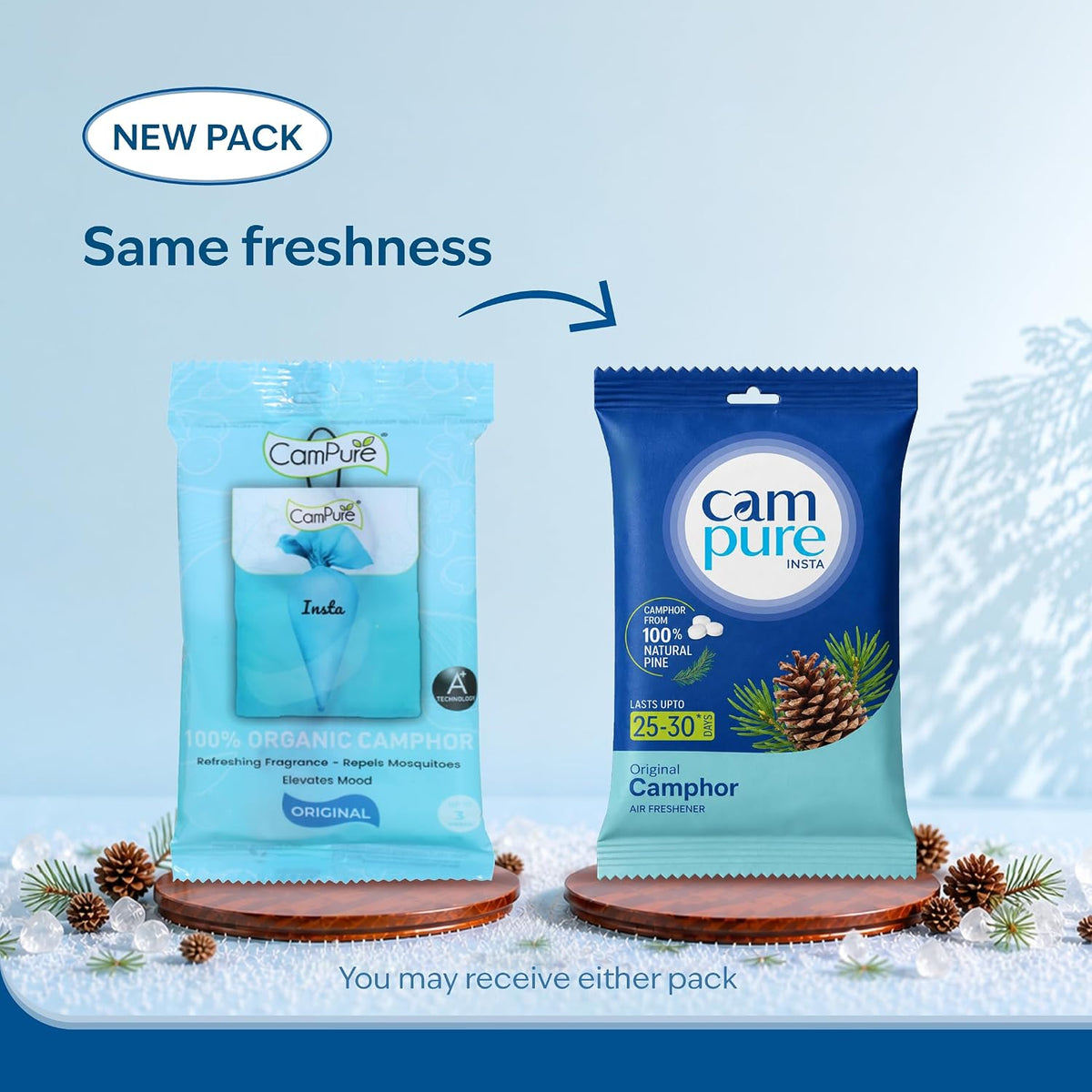 CamPure Camphor Insta Pouch Pack Of 3-100% Organic | Air Freshener For Car, Wardrobe, Office Cabin's, Drawers, Travel Bag & Bathroom