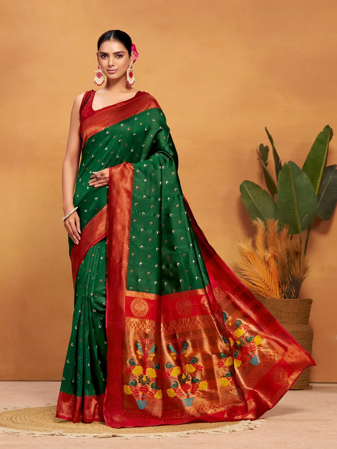 EthnicJunction Women's Silk Woven Paithani Saree With Blouse Piece Bottle Green