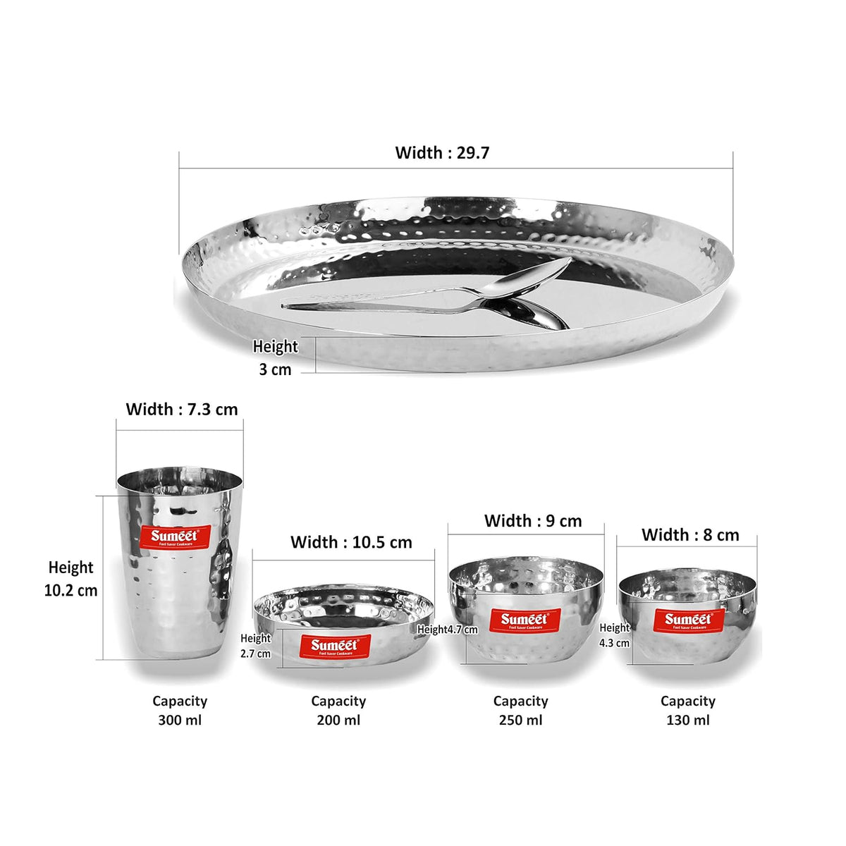 Sumeet Stainless Steel Handcrafted Hammered Texture Heavy Gauge Mirror Finish Royal Dinner set of 6 Pcs (1 Plate, 1 Small Halwa Plate, 1 Big Bowl/Wati, 1 Small