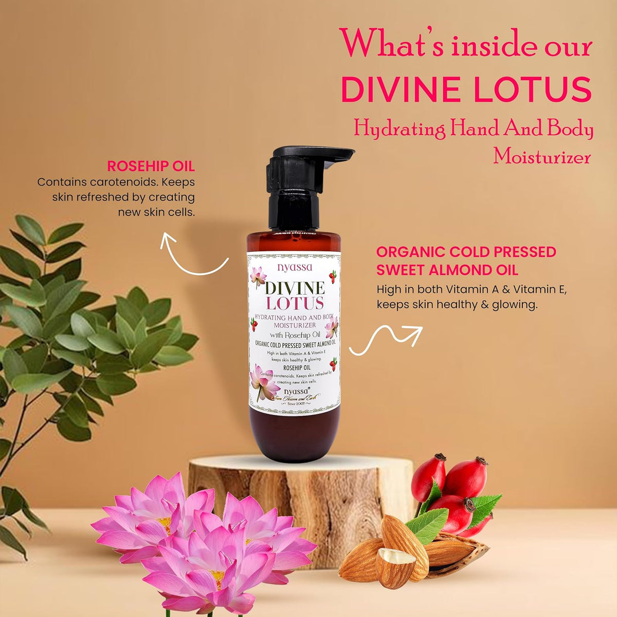 Nyassa Divine Lotus Hydrating Hand and Body Moisturizer with Rosehip Oil & Organic Sweet Almond Oil |For skin healthy & glowing | No Parabens, Sulphates, Vegeta