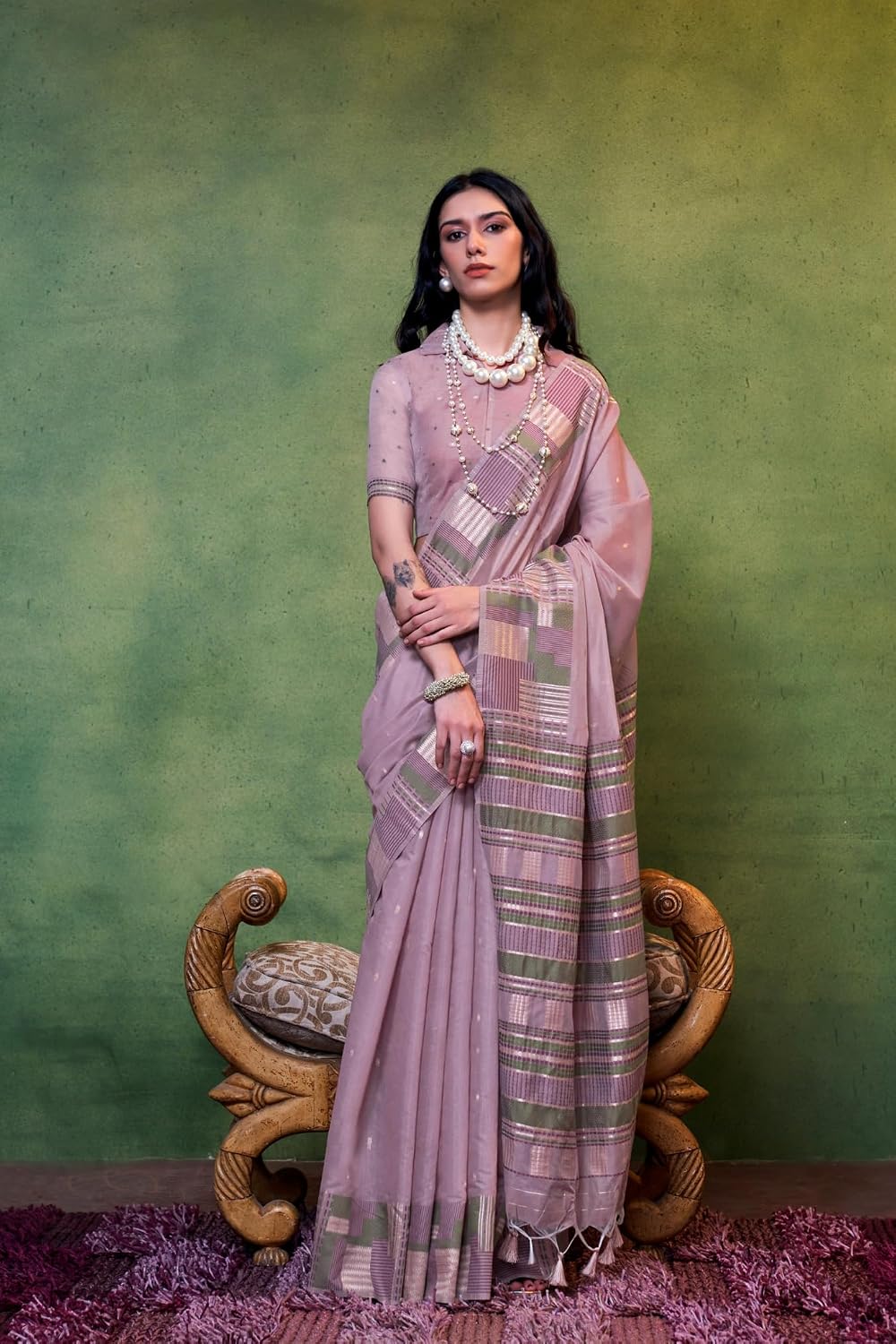 SGF11 Women's Kanjivaram Soft Cotton Linen Silk Sarees With Unstitched Blouse Piece (Lavender) 6.3metres