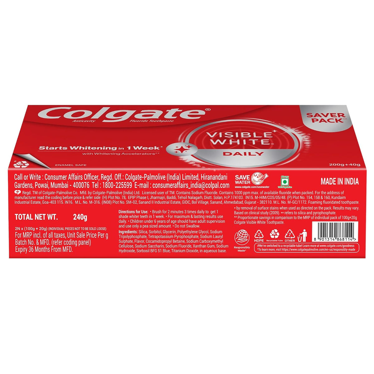Colgate Visible White Teeth Whitening Toothpaste, Protects Enamel, Removes Stains, With Whitening Accelerators, 480g, 120g X 4 100 g (Pack of 4)