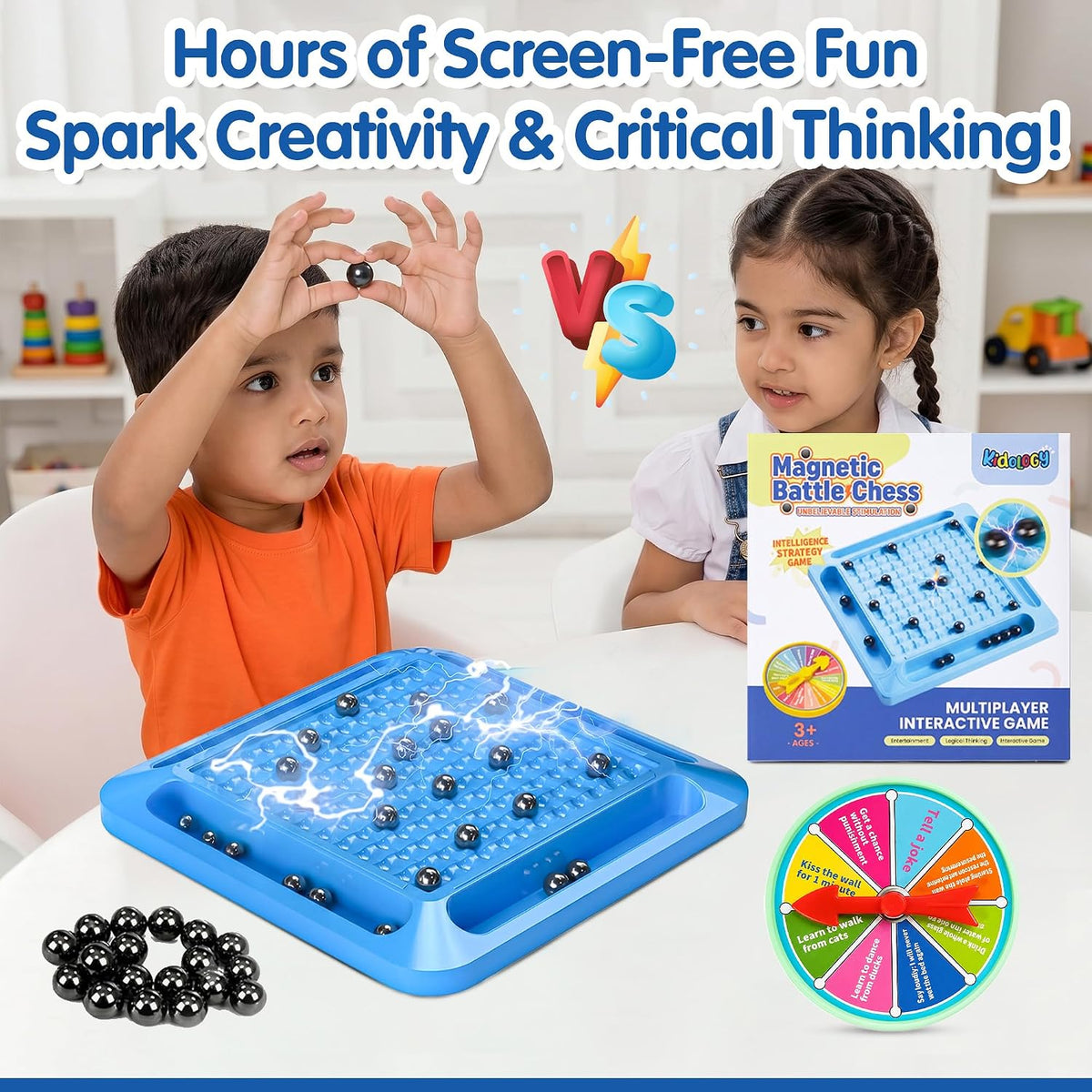 Kidology Magnetic Battle Chess Game for Kids 3+ Years | Builds Strategic Thinking & Cognitive Intelligence | 20 Magnetic Balls Spin Wheel Multiplayer | Family S