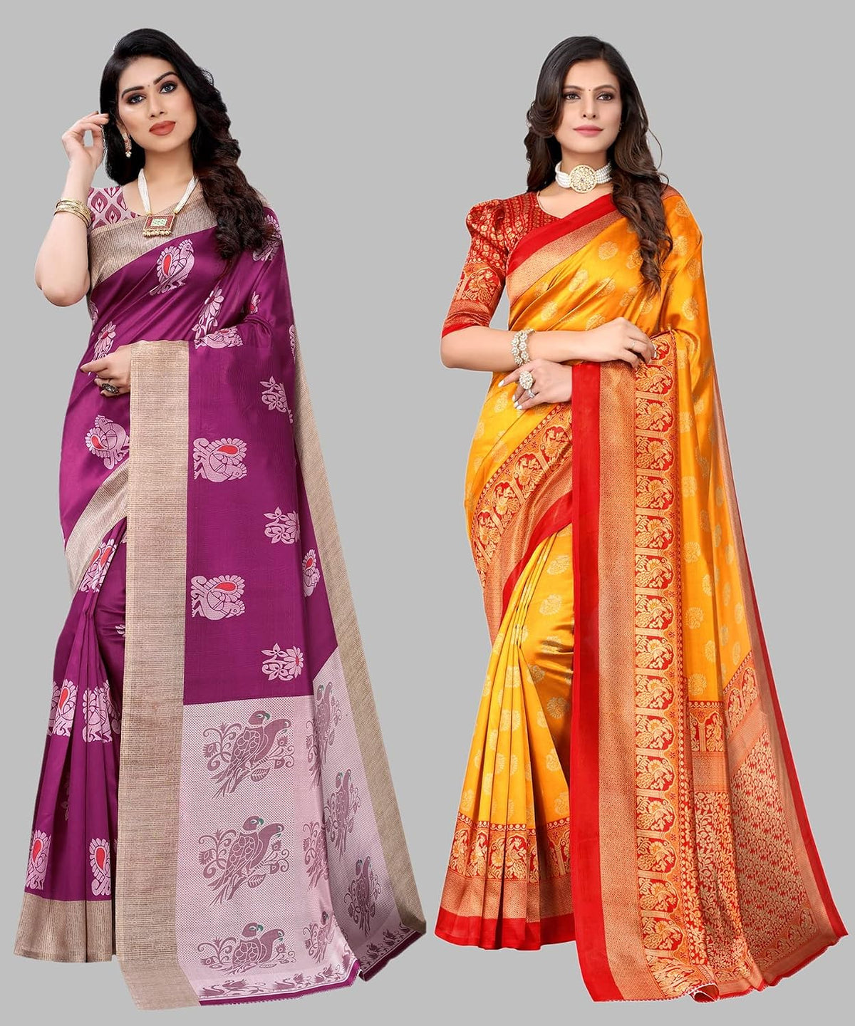 Yashika Ladies Silk Saree with Blouse Set of 2 (Kesar Wine-Minali Mustard)