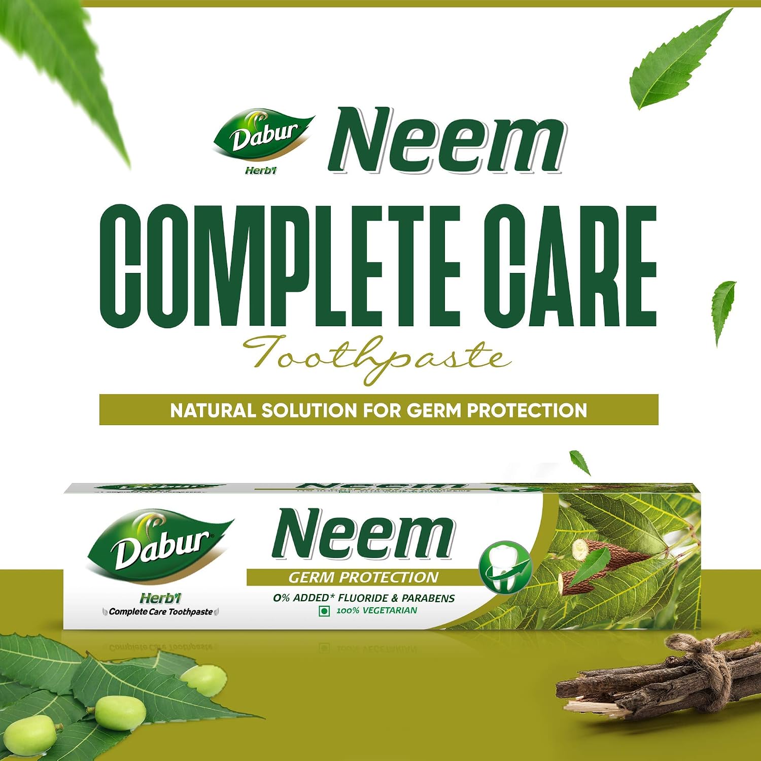 Dabur Herb'l Neem Germ Protection Toothpaste - 600g (200g + 100g x Pack of 2) | Fights Bacteria | No Added Flourides & Parabens | Complete Oral Care
