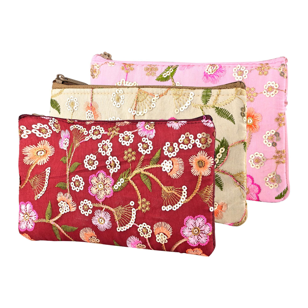 Heart Home 3 Pcs Traditional Hand Purse Ladies with Zip | Embroidery Wallet Purse For Women |Return Gift for Ladies | New Flower - Cream, Maroon & Light Pink Cr