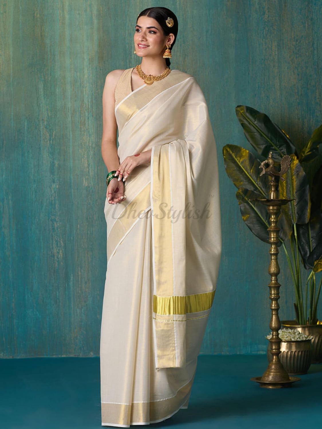 Women's Kerala Kasavu Golden Tissue Plain Saree with Running Blouse | 6.25 Meters, Gold, Gold, 6.25 Mtrs with Running Blouse