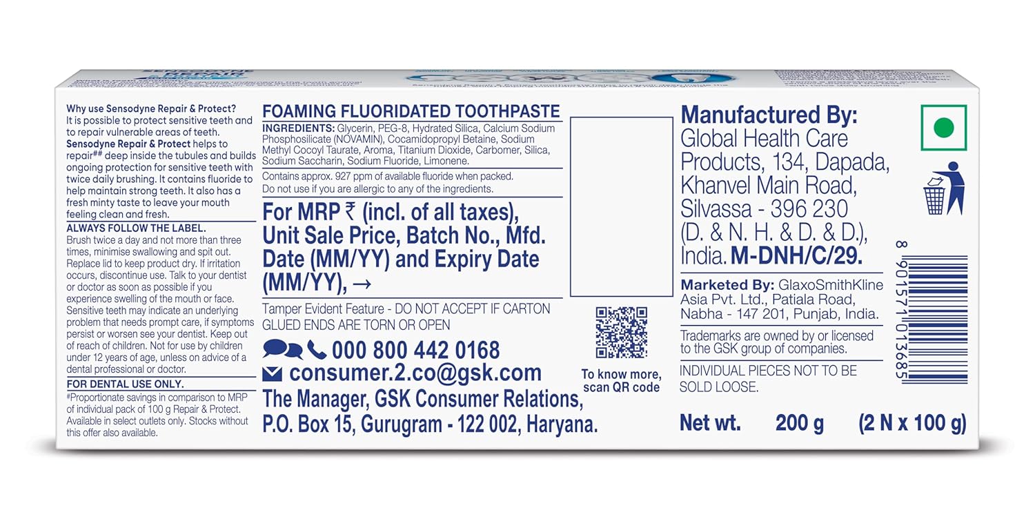 Sensodyne Toothpaste Repair and Protect | Tooth Paste for Daily Sensitivity Protection, Long-lasting Relief | Combo Pack - 200gm (100gm x 2) | Fresh Taste | Dentist Recommended