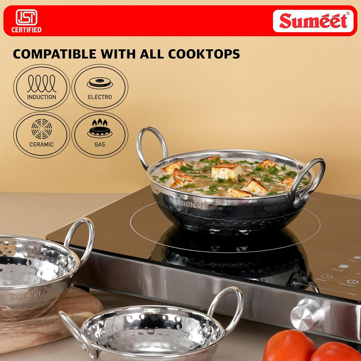 Sumeet ISI Certified Stainless Steel Mini Kadhai for Serving, Tadka - Hammered Kadai, Induction and Gas Stove Friendly, Small Size (Set of 3Pc, 350ml, 550ml, 75