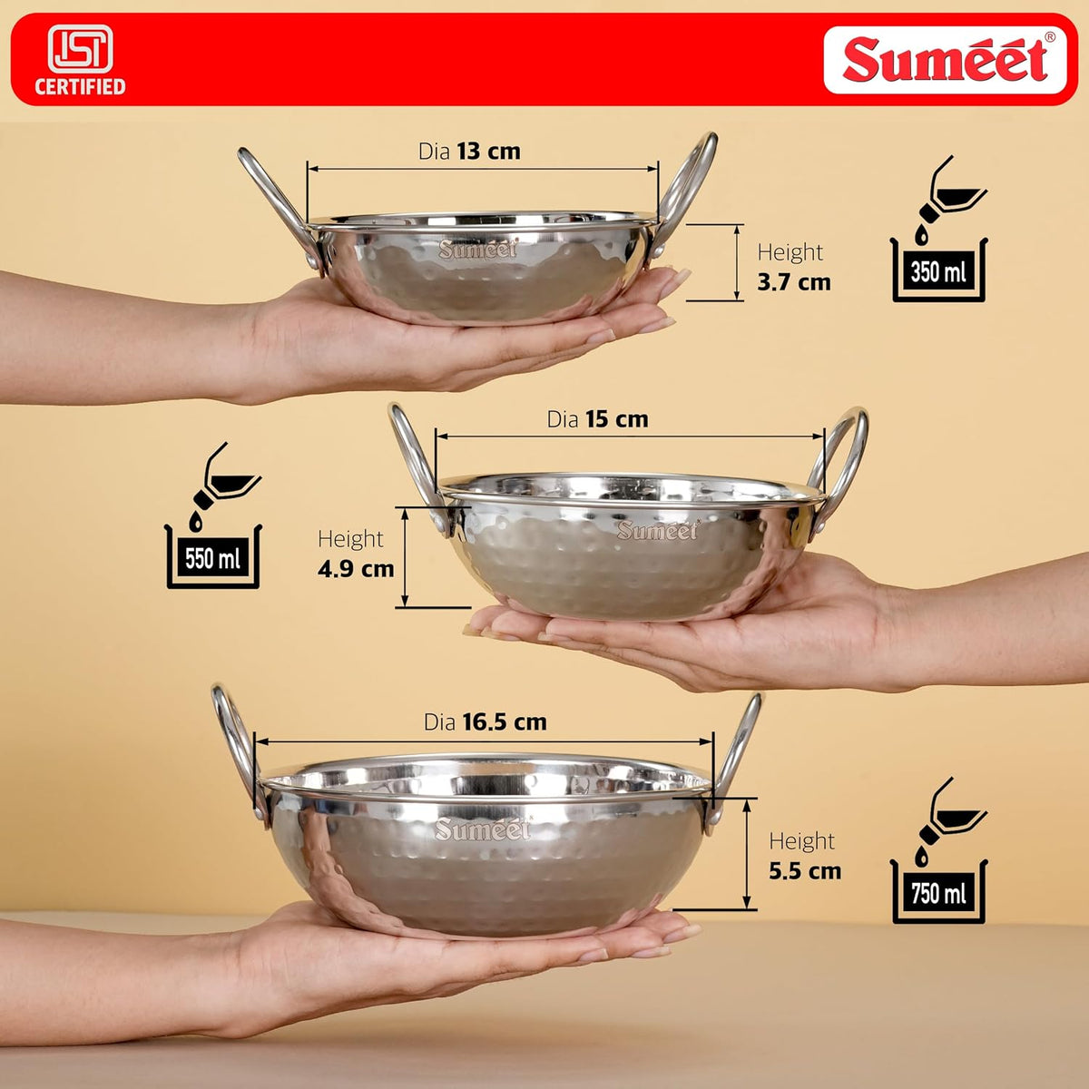 Sumeet ISI Certified Stainless Steel Mini Kadhai for Serving, Tadka - Hammered Kadai, Induction and Gas Stove Friendly, Small Size (Set of 3Pc, 350ml, 550ml, 75