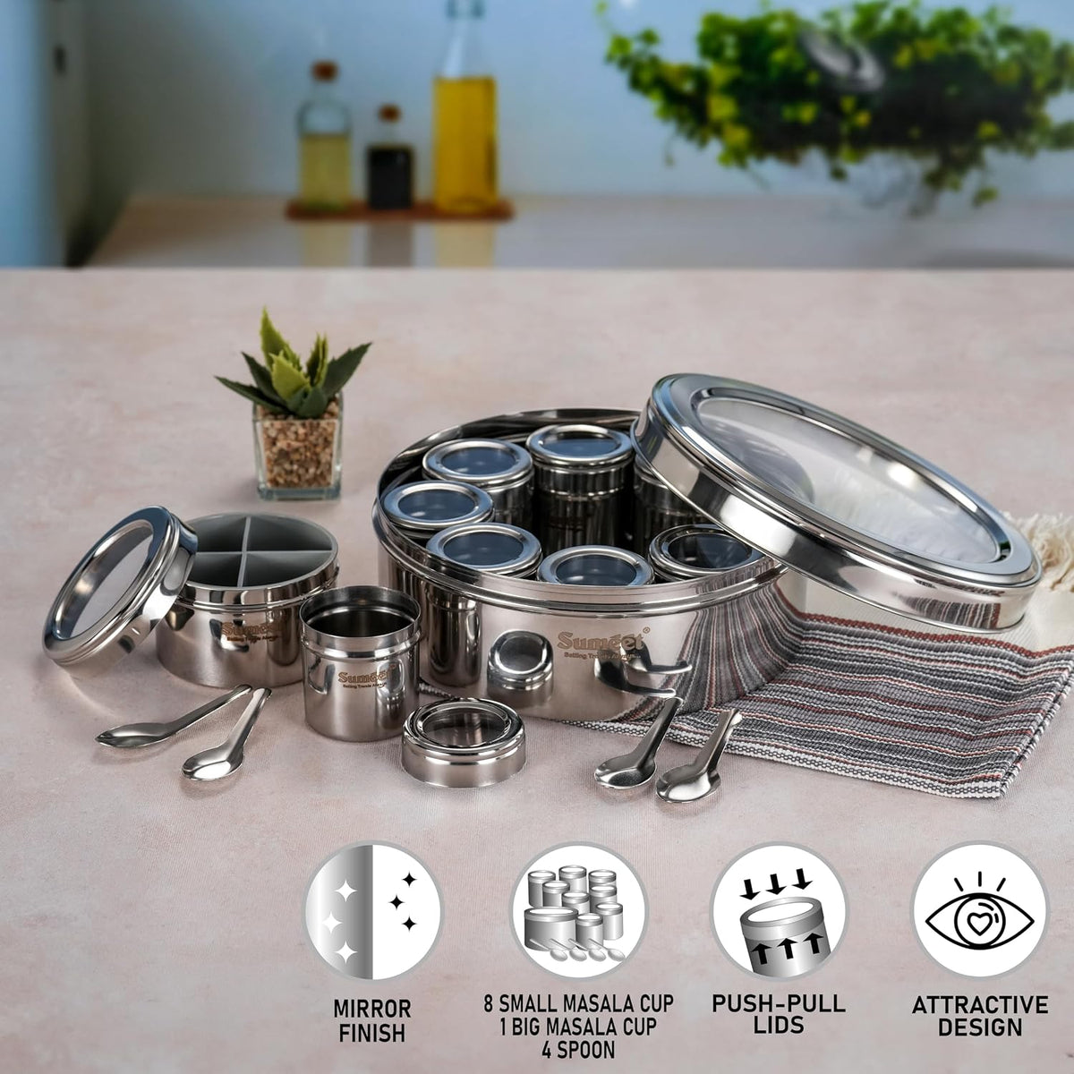 Sumeet 12 in 1 Stainless Steel Airtight Masala Box/Organiser/Masala Dani for Kitchen with Middle Container Partition |12 Containers with Individual with See thr