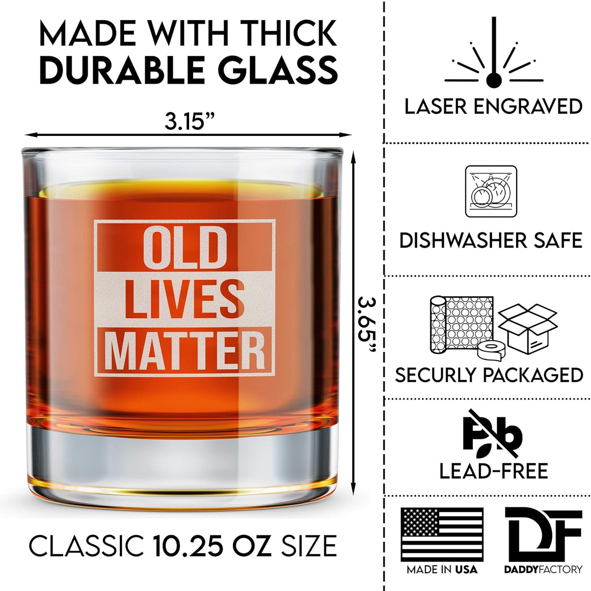 Old Lives Matter Whiskey Glass Cup - Funny Birthday Gift For Dad, Grandpa, Old Man - Gag Gift, 10.25 oz Laser Engraved Lowball Rocks Glass Retirement Gift Old F