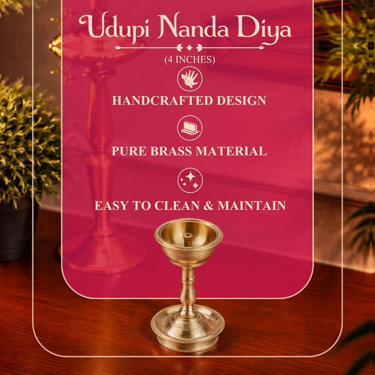 Klassic 4.5 Inch Swastik Akhand Diya with Borosilicate Glass Shade | Pure Brass Oil Lamp for Mandir, Daily Puja, Pooja Room, Diwali, Prayer, Wick Holder Festive