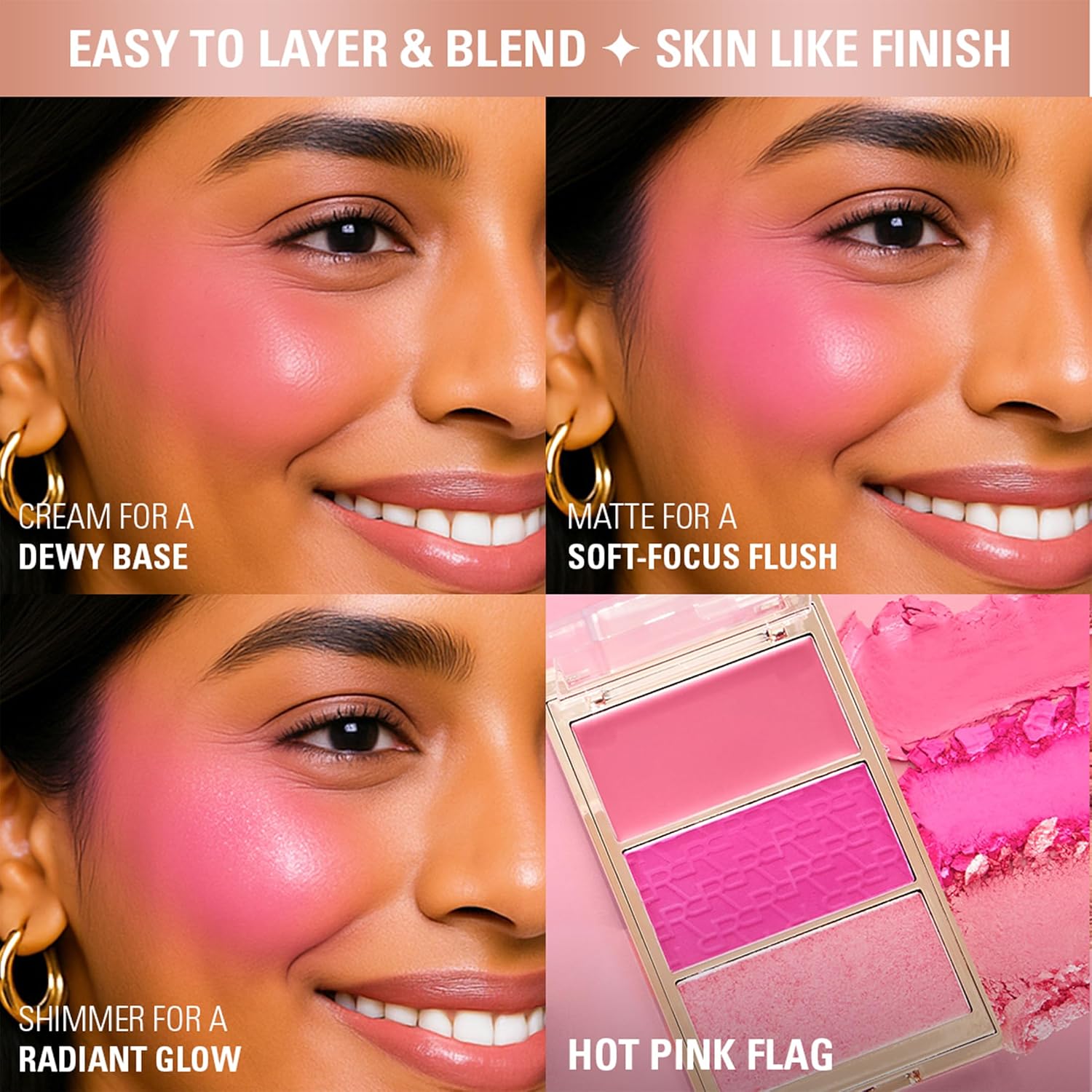 Revolution, Blush Icon Palette, Cream & Pressed Powder Blusher, Highly Pigmented, Face Palette, Vegan & Cruelty-Free, 3 Shades (Hot Pink Flag, 9.8gm)