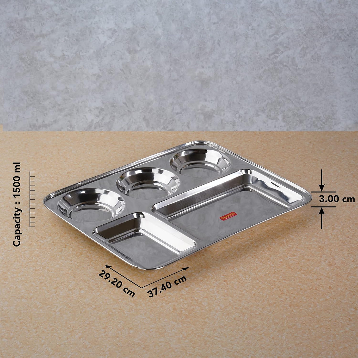 Sumeet Stainless Steel Rectangular 5 in 1 Compartment Lunch/Dinner Plate 1Pc, 37.4cm Dia, Silver BIG 1PC