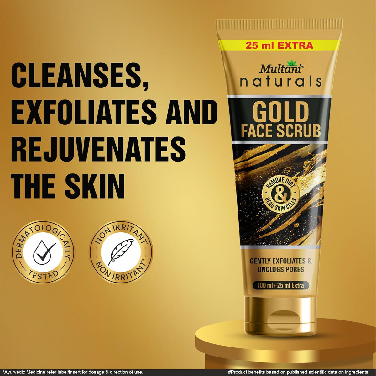 Multani Naturals Gold Face Scrub (100ml + 25ml Free) | Deep Exfoliating Facial Scrub for Glowing Skin | Removes Dead Skin & Blackheads | Suitable for All Skin T