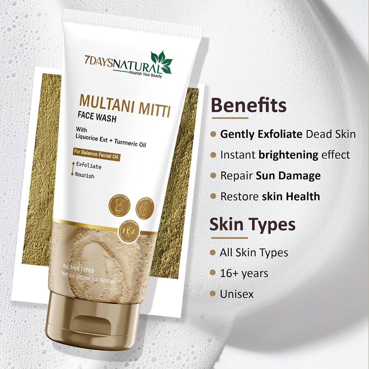 7DAYSNATURAL Natural Wash Multani Mitti Face Wash, 100ml | With Fuller’s Earth, Sandalwood, Aloe Vera & Saffron | Paraben & Sulphate Free | For All Skin Types I