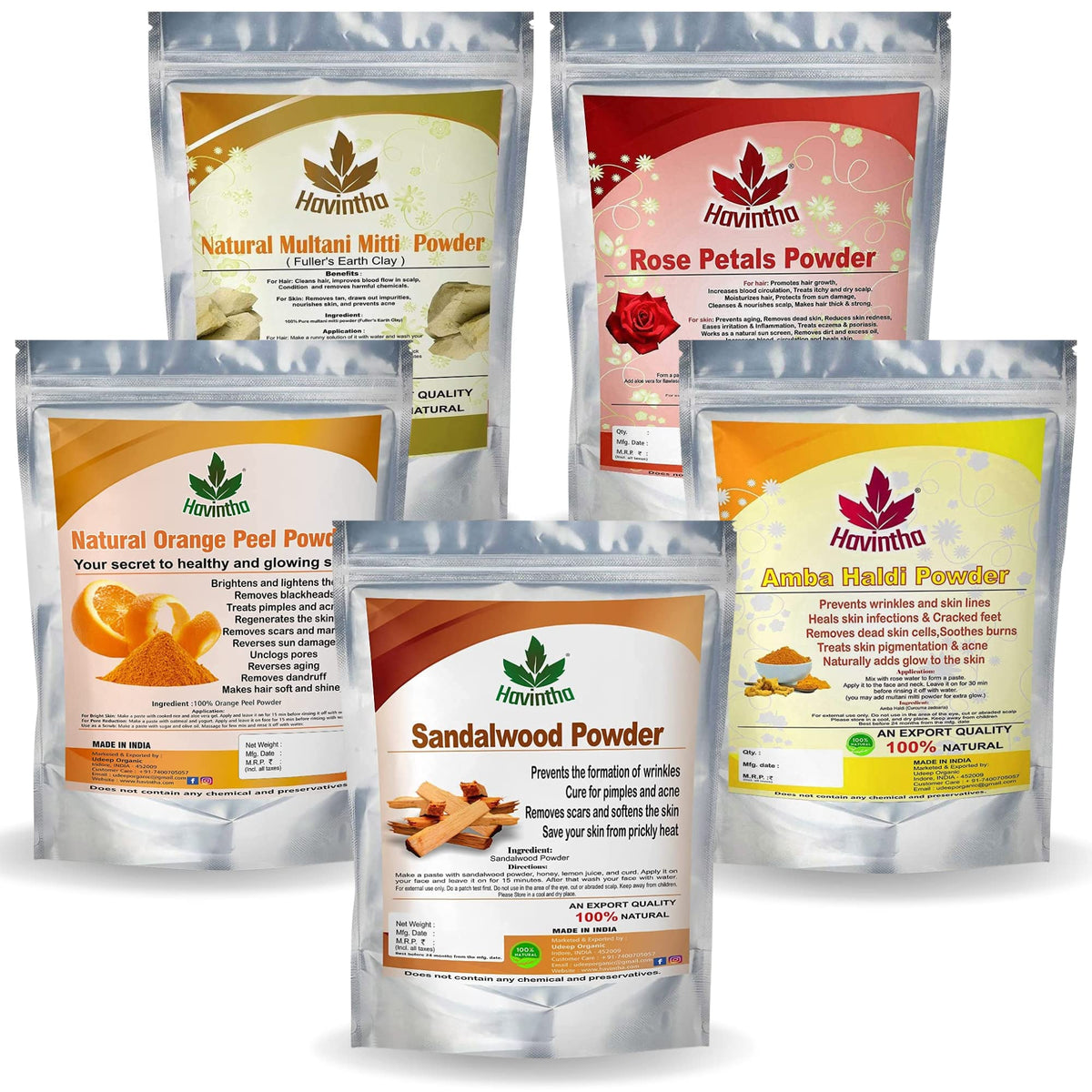 Havintha Natural Face Pack for Healthy and Glowing Skin Combo Pack of Multani Mitti, Sandal Wood, Orange Peel, Rose Petal, Amba Haldi Powder (Each 50gm)