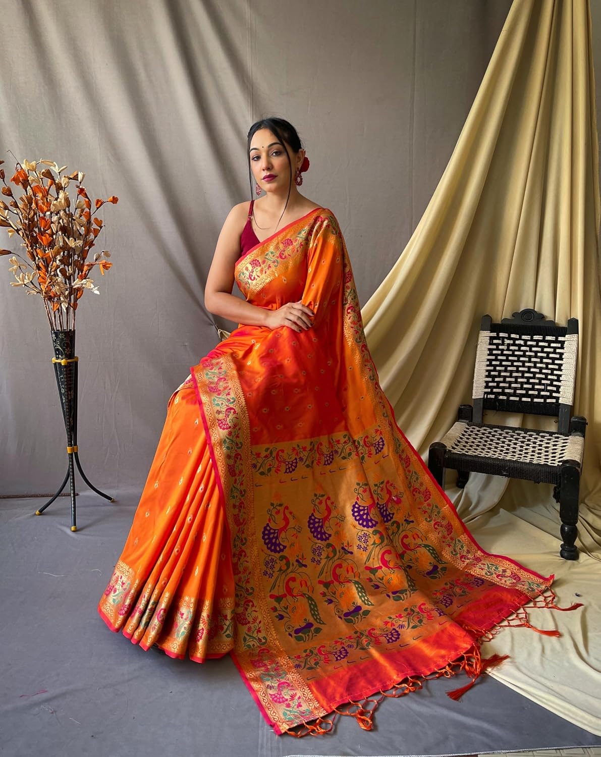 SGF11 Women's Kanjivaram Soft Silk Saree With Blouse Piece 6.3metres Orange