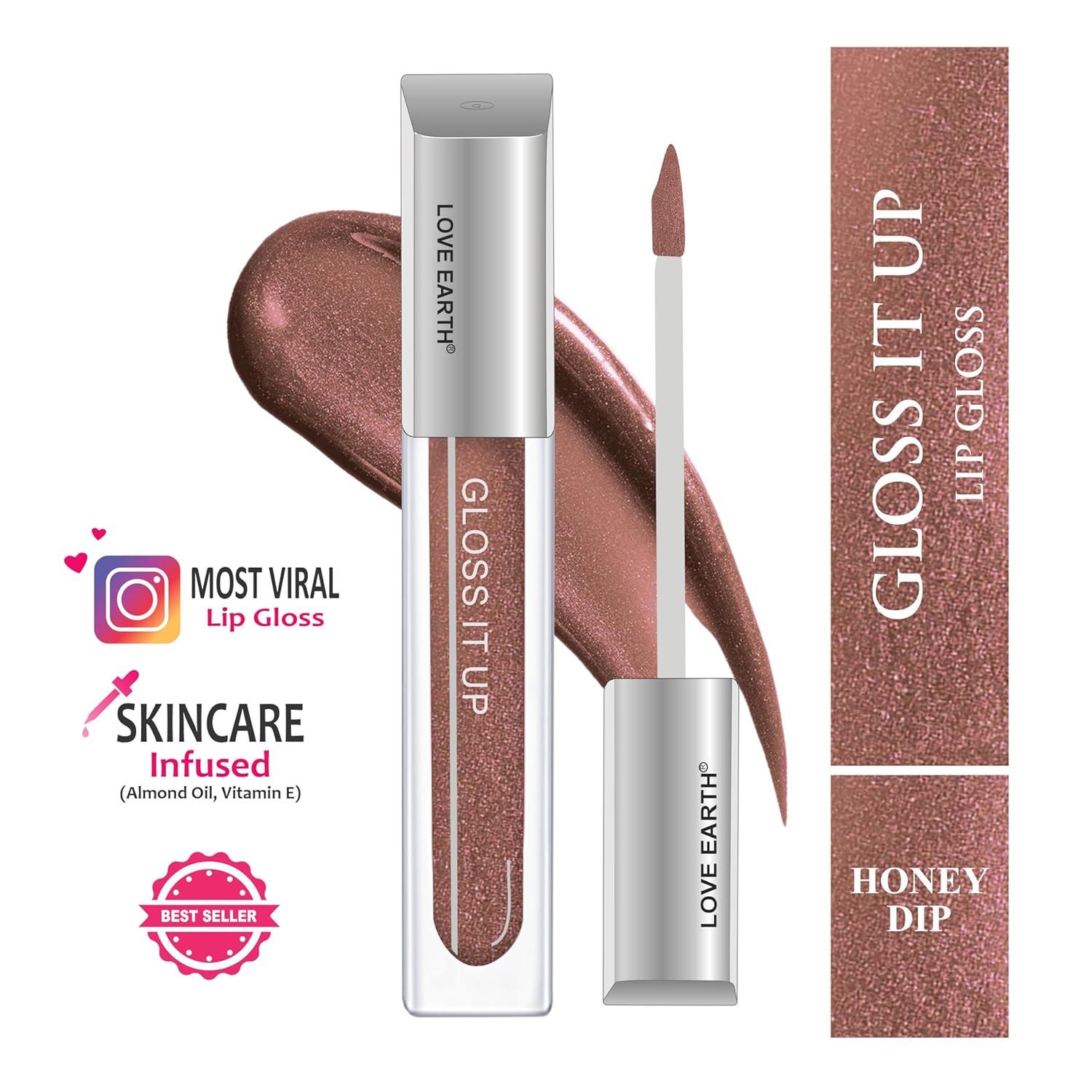 Love Earth Liquid Lip Gloss -Honey Dip For Soft & Dewy Lips Enriched With Vitamin E & Almond Oil |Lip Color For Glossy Look |Lightweight Non Sticky Lip Shiner For Moisturizing Lips 3ml (Brown Glitter)