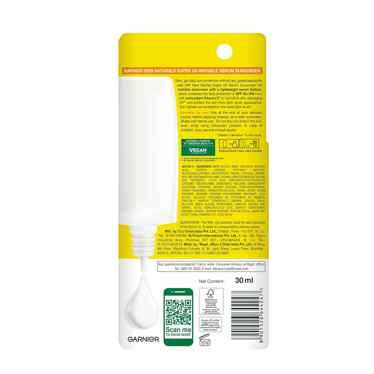 Garnier Super UV Invisible Serum Sunscreen SPF 50 PA++++ UVA/B, 30ml 30 ml (Pack of 1)