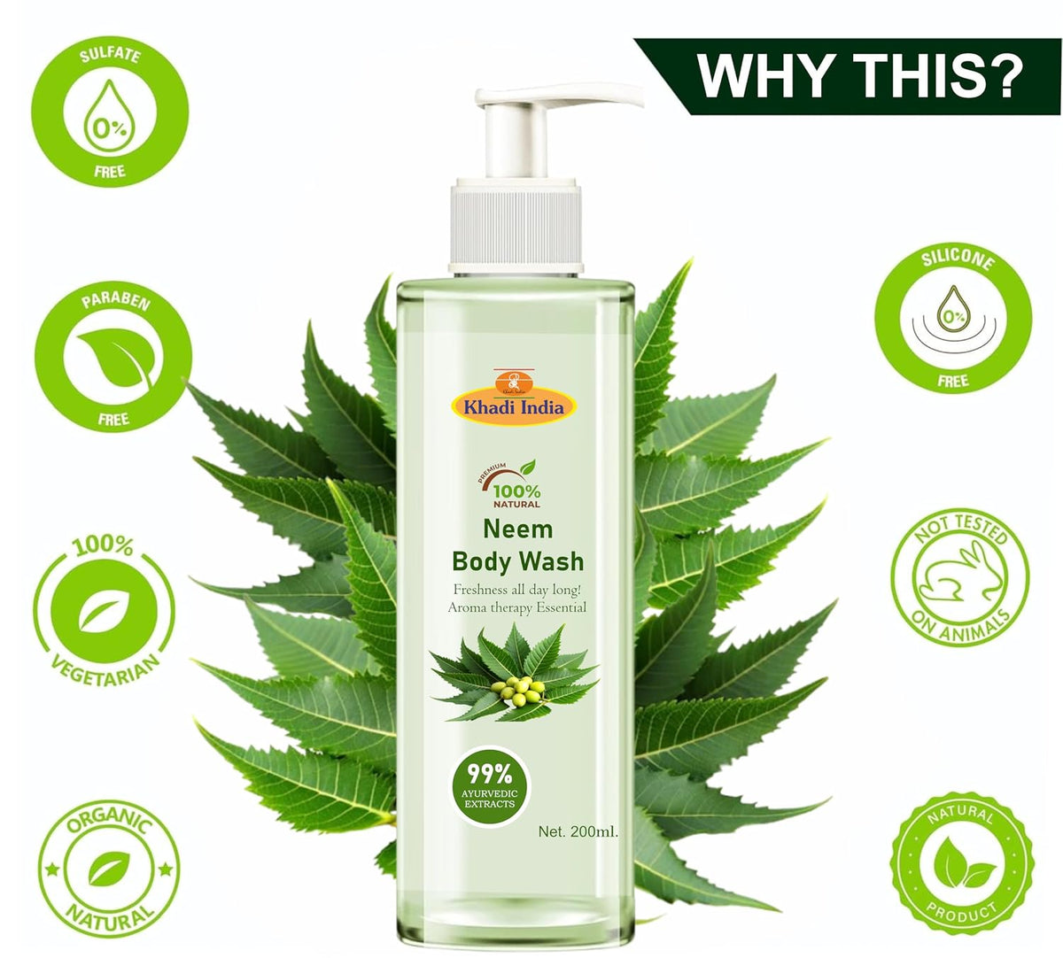 Khadi 100% Pure Natural Ayurvedic Neem Bodywash For Healthy & Refreshed Skin | Shower Gel For soft, nourished & glowing skin | Herbal | Paraben-free & Sulphate-