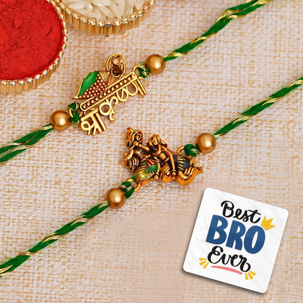 eCraftIndia Set of 2 Green & Golden Shri Krishna and Radha Krishna Playing Flute Designer Religious Rakhis, Best Bro Ever Fridge Magnet with Roli Chawal Pack -