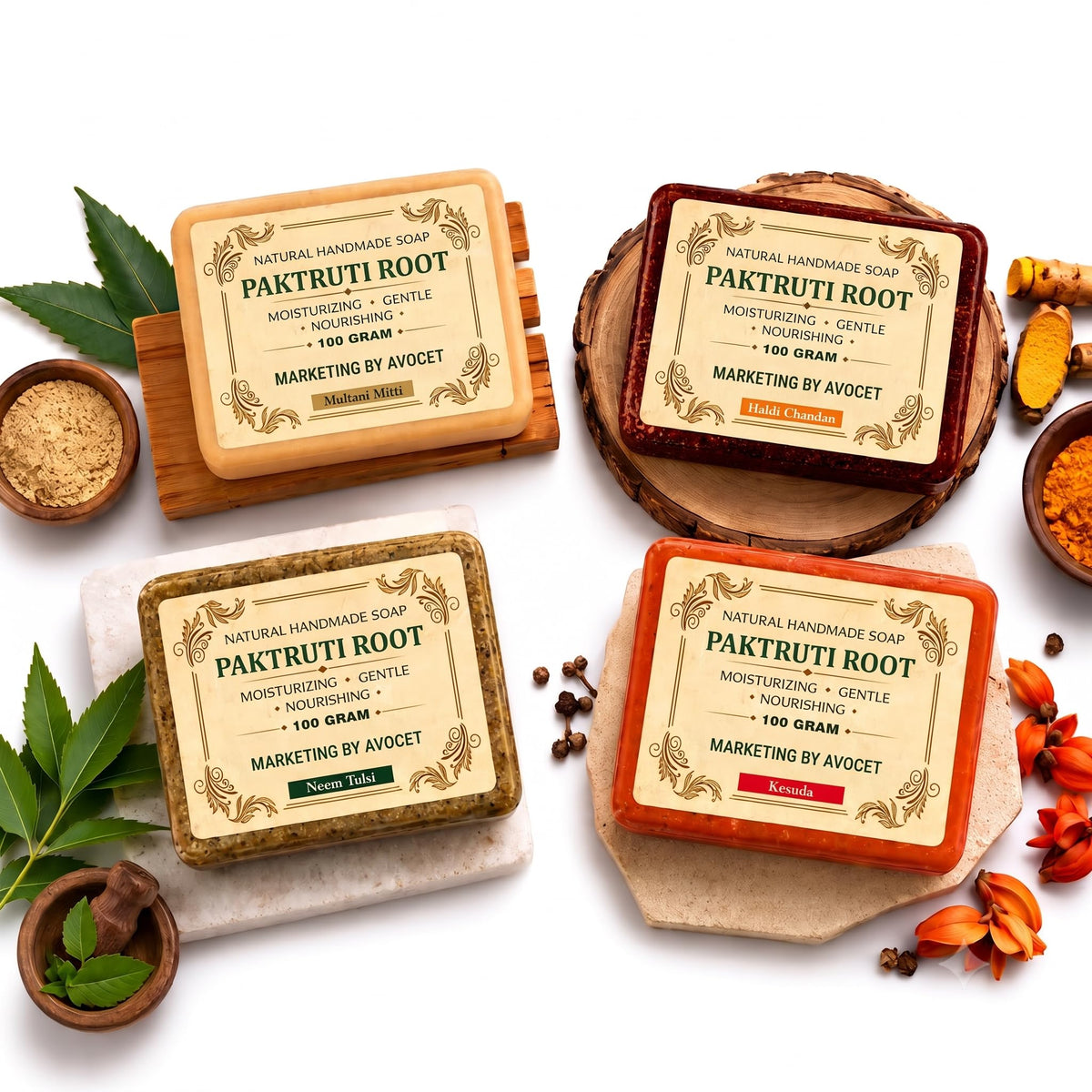AVOCET Pakruti Root Natural Handmade Soap Bar Combo (Pack of 4, 100g Each) - Multani Mitti, Haldi Chandan, Neem Tulsi & Kesuda | Moisturizing & Nourishing Organ