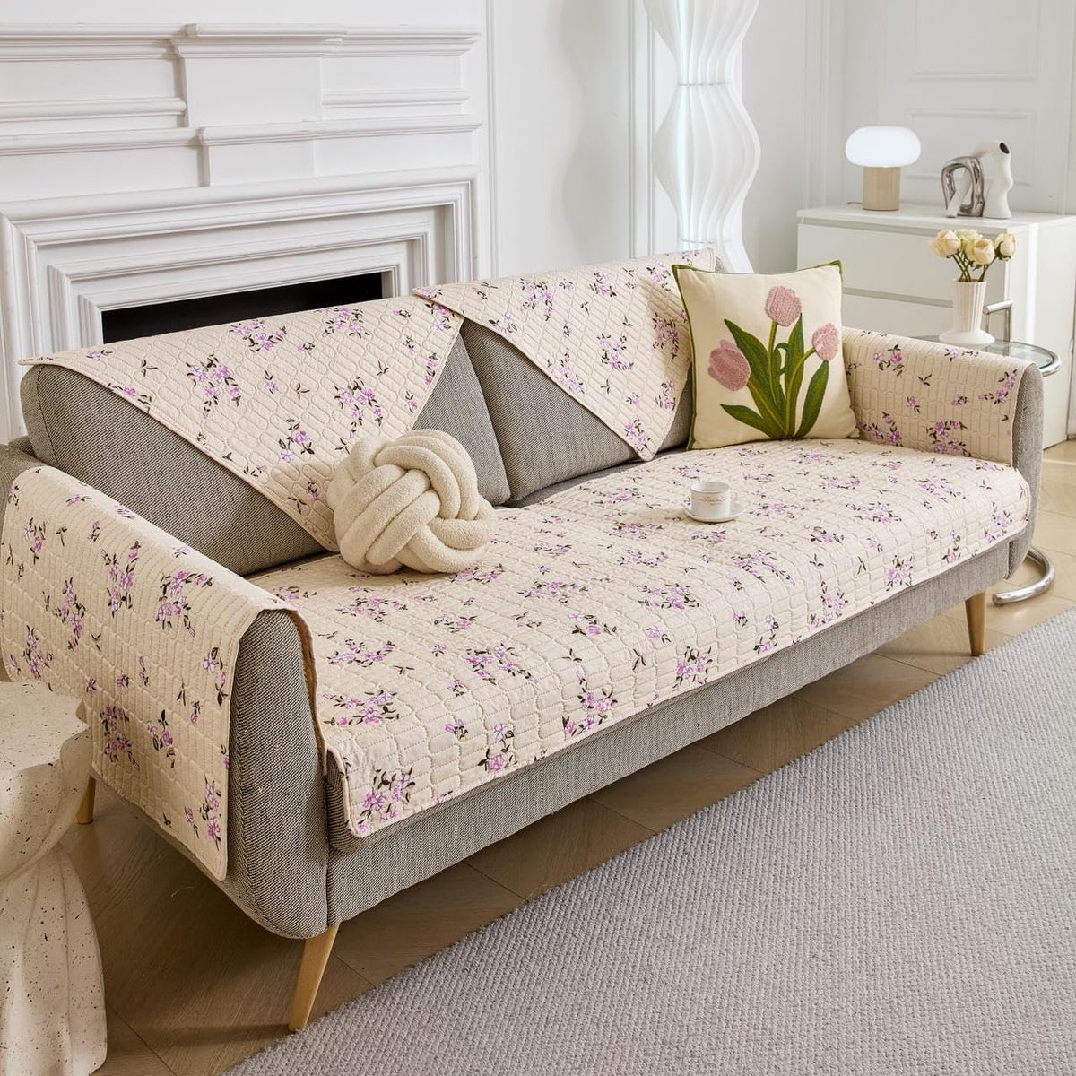 HOMETHREADS Anti-Skid Sofa Protector Mat: Premium Printed Cotton Slipcover with Strong PVC Non-Slip Backing (Beige, 2 Seater | 140x75cm) Beige 2 Seater | 140x75