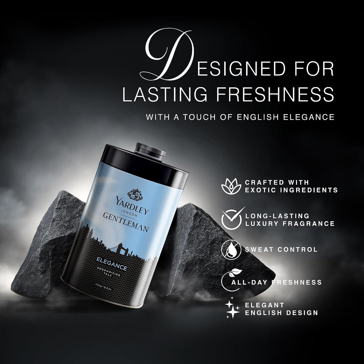 Yardley London Elegance Deodorizing Talc| Fougere Aromatic Woody Fragrance| Masculine Fragrance| Body Talc for Men| 250g Musky 250 g (Pack of 1)