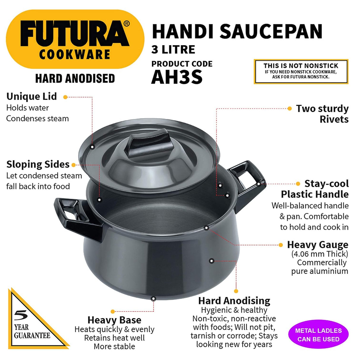 Hawkins Futura 3 Litre Handi, Hard Anodised Sauce Pan and Lid, Saucepan with Two Short Handles, Biryani Handi, Black (AH3S), Aluminium 3 Litres 2 Short Handles