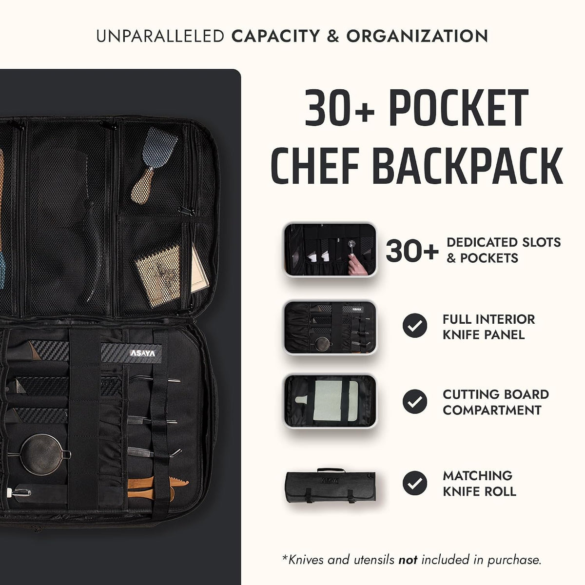 Asaya Chef Knife Backpack with 20 Pocket Knife Roll Bag - Over 30 Pockets for Knives and Kitchen Utensils - Stain Resistant Waxed Nylon - Padded for Extra Prote
