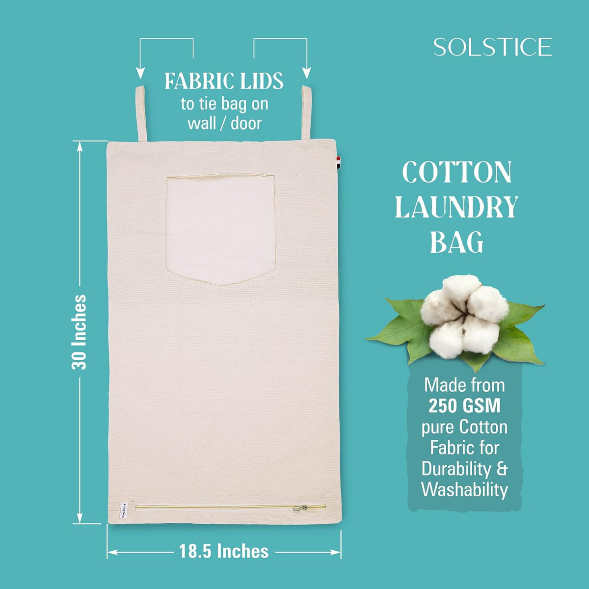 Solstice Cotton Laundry Bag | Basket With Lid | Wall/Door Hanging Laundry Hamper Bag With Zip | Big Size, Foldable, Hanging And Washable (Set Of 3) - White