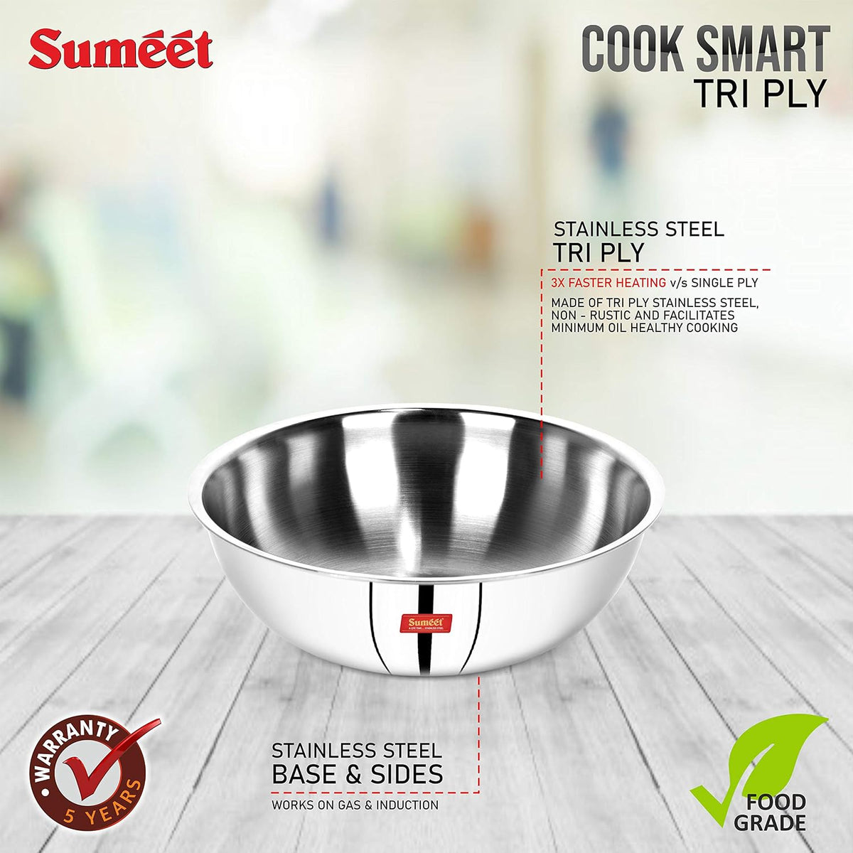 Sumeet Cook Smart TriPly Steel-Aluminium-Steel - 3 Layers Tasra - 1.5Ltr - 20Cm 1.5 Litres