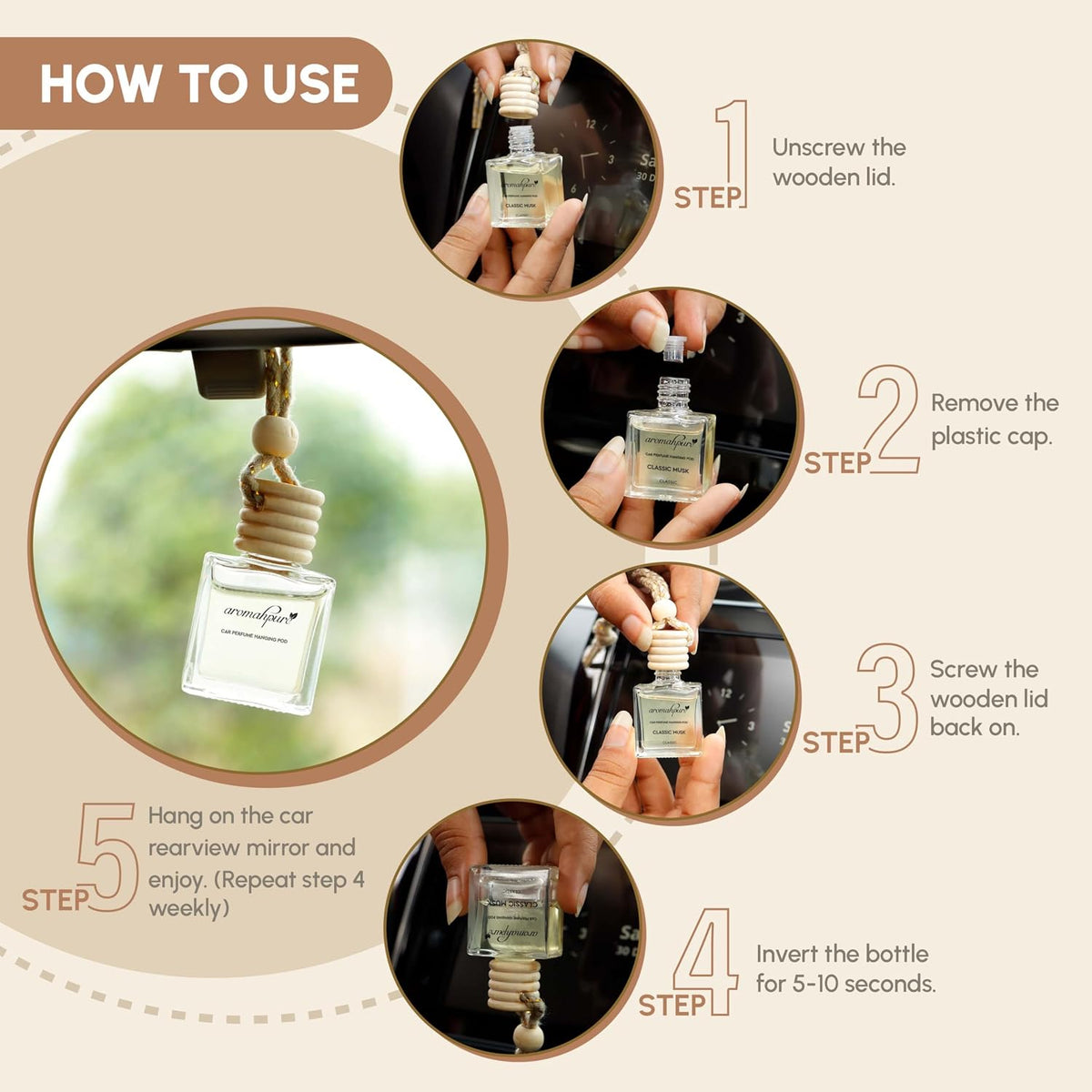 Aromahpure Premium Car Perfume Hanging Pod |10 ML | Classic Musk Fragrance Car Air Freshener | Natural Essential Fragrance Oils in Glass Bottle with Wooden Diff
